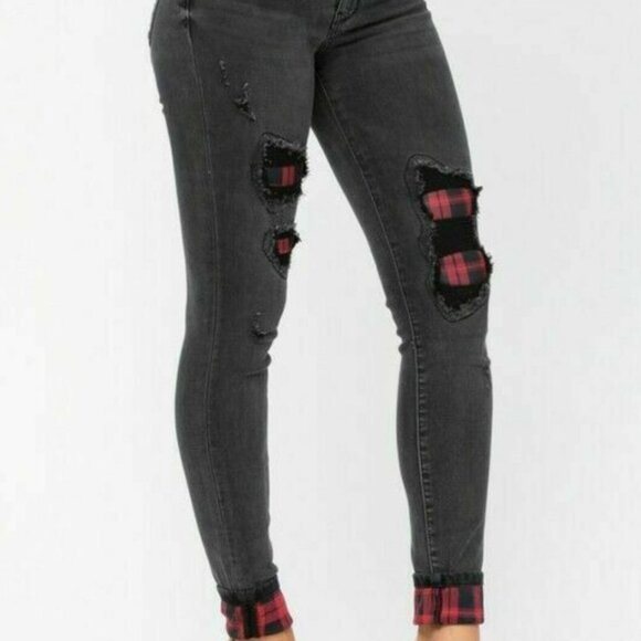 EUC Women's JUDY BLUE Rayann Buffalo Plaid Patch Jeans Faded Black | Size 14 W - Picture 2 of 13
